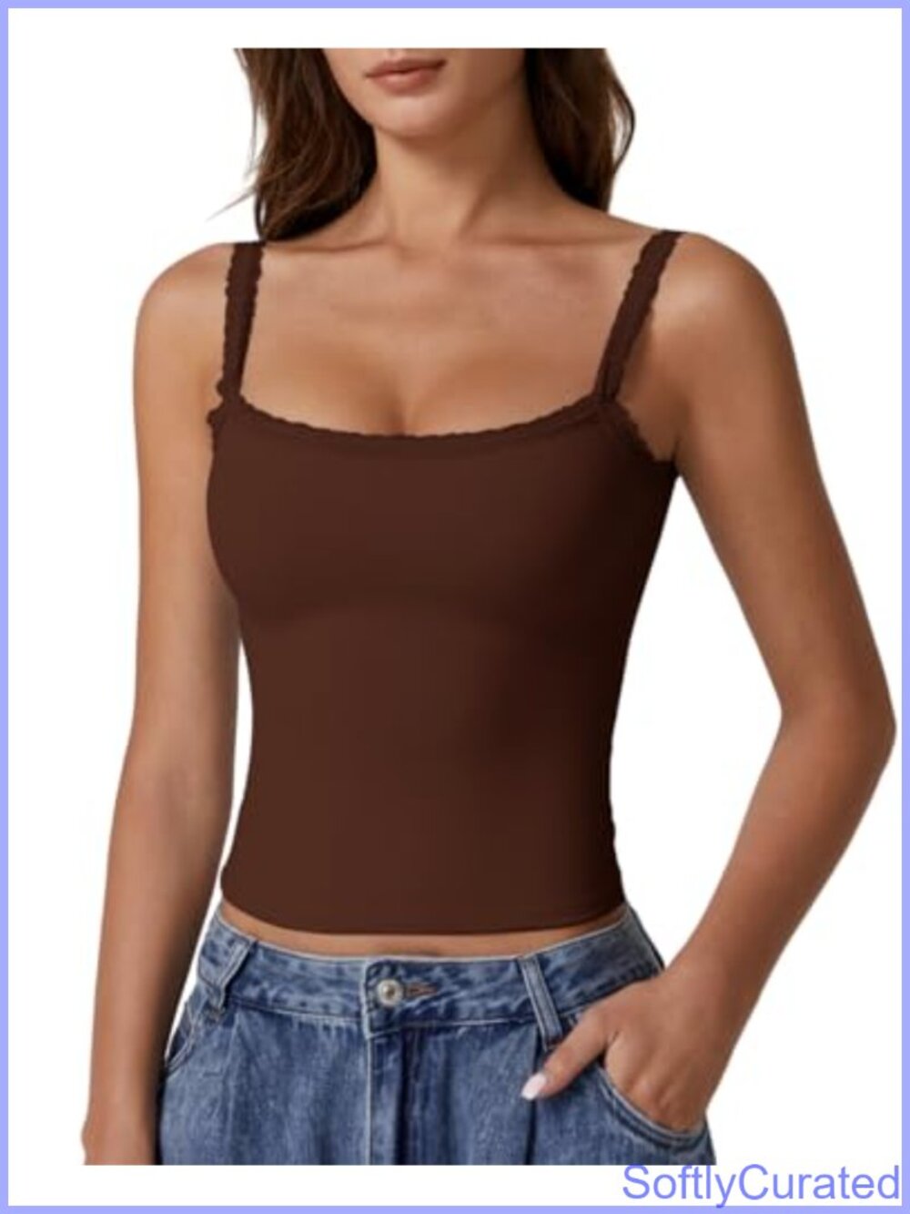 Square Neck Lace Trim Tank Top Double Lined Slim Fit Y2K Camisole